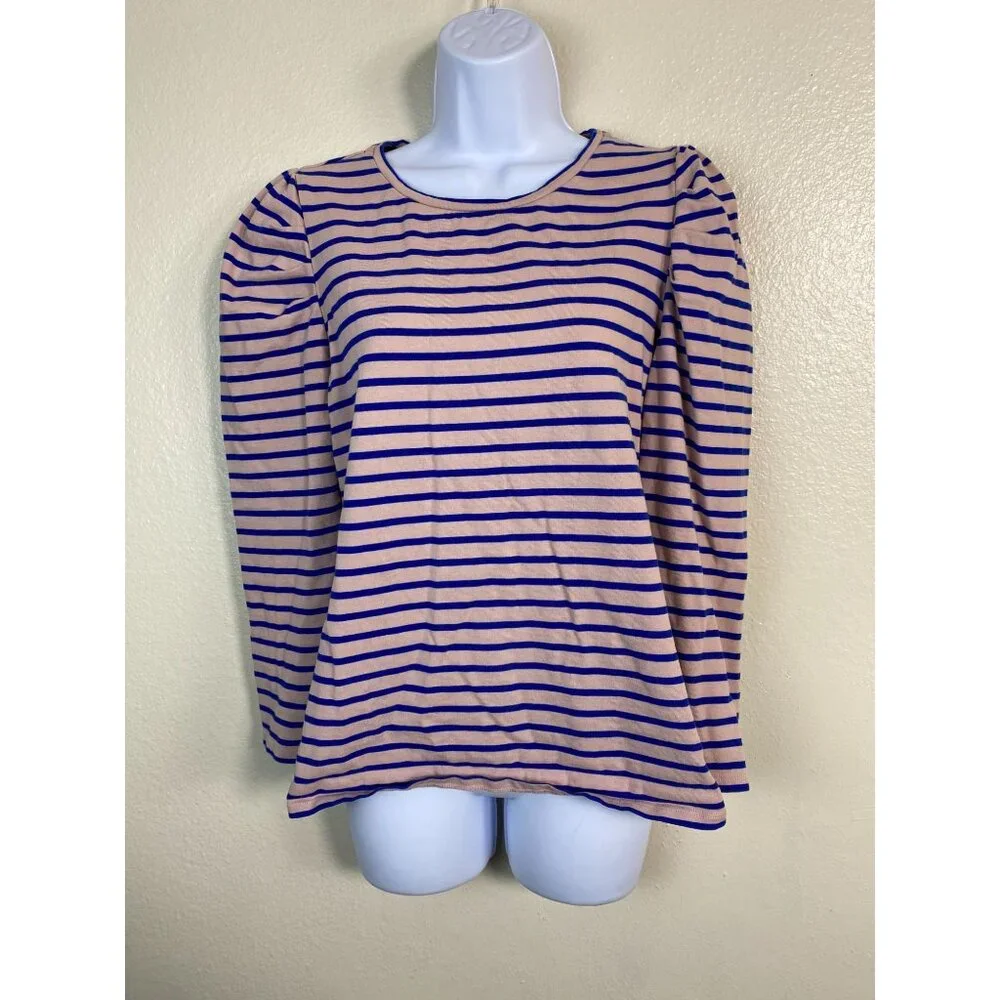 Boden Womens Long Sleeve Striped Top Size 14 Blue Pink Cotton‎ Puff Sleeve Boho